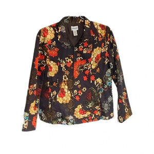 Chico’s Floral Full Zip Jacket Brown with orange blue and tan women’s small